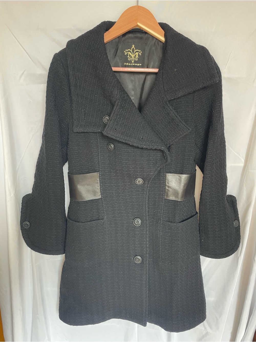 Mackage Black Textured Wool, Double-Breasted Pea Coat w/ Leather Detail
